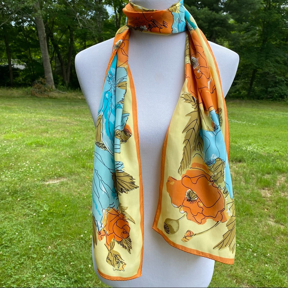 VERA SCARF YELLOW ORANGE BLUE BLACK GREEN WHITE FLORAL PRINT SILK RECTANGLE